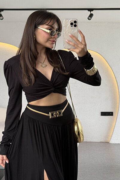 HOT fashion Women's Shirred Long Sleeve Crop Blouse and Deep Slit Maxi Size Balloon Skirt SET of 2