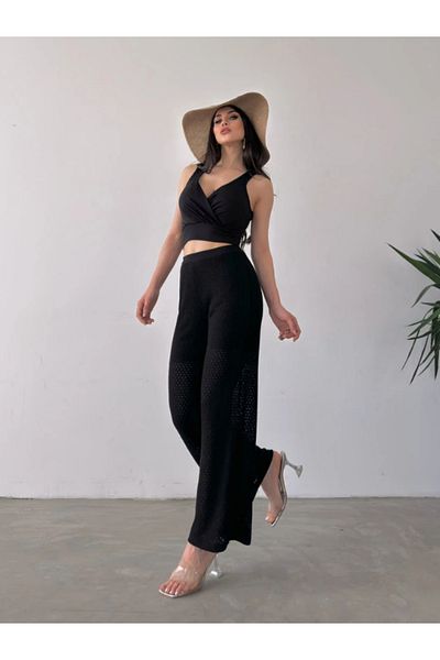 Fav Style Women's Double Breasted Neckline Sleeveless Crop Blouse and Black Pants Set