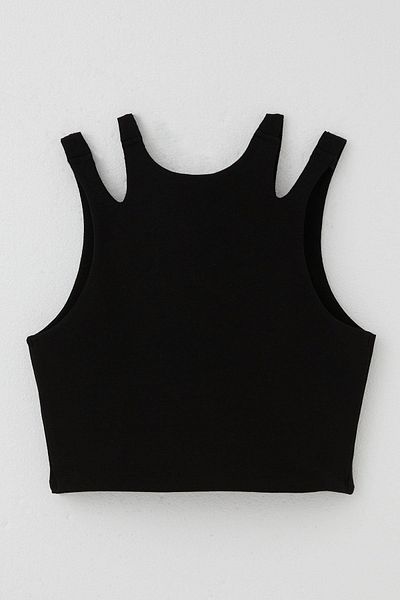 Breeze Tricou crop negru pentru fetiță de 9-16 ani - curea dublă și detaliu pe umeri