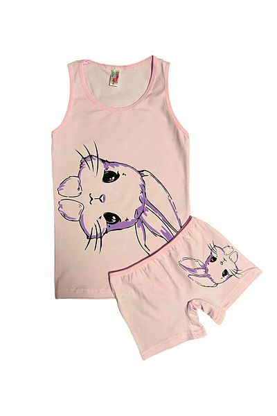 elmas kids Girl's 100% Cotton Pink Color Rabbit Patterned Strappy Tank Top Boxer Set