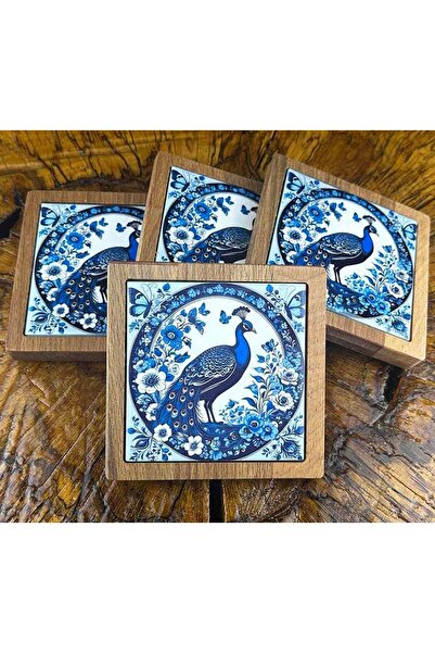 Çini Evi Peacock Motif Wooden Coaster Set