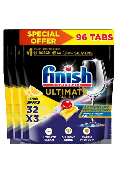 Finish Powerball Ultimate Dishwasher Detergent, Lemon Sparkle Scent, 32 Tabs x 3