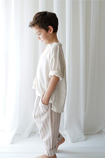 Catz Kids Linen Line Brown White Striped Carrot Trousers + Cream Linen Stringed Shirt