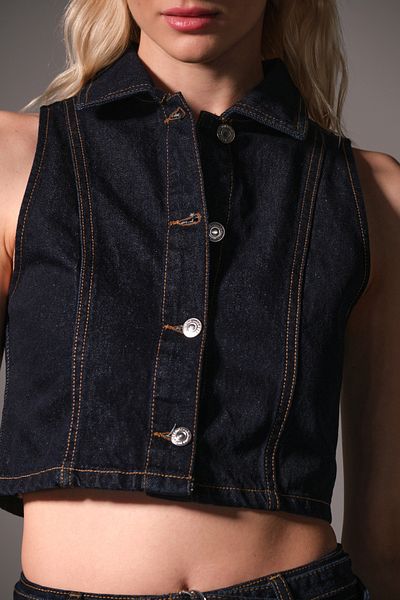 Maule 100% Cotton Raw Denim Short Metal Button Sleeveless Women's Jean Vest @Modena