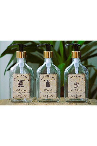 junibeliw 3lü Set Vintage Gold Yassı Model CAM Boş Bulaşık Deterjanlık Çamaşı...