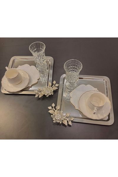 Abant 2 Piece Square Stainless Leaf Brooch Motif Presentation Tray