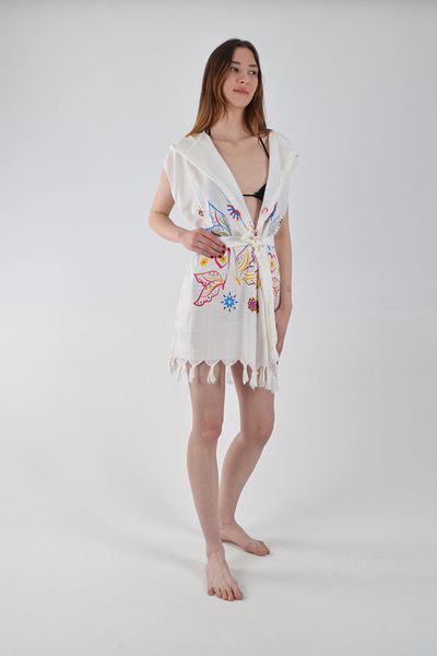 CASPARA Beachwear με σχέδιο πεταλούδας γιλέκο με κουκούλα και βαμβακερό γιλέκο βισκόζης