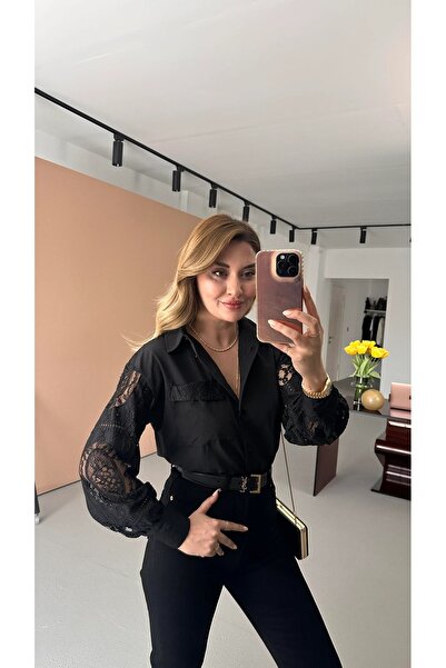 QİMYA BUTİK BEBE PLUS Kadın Dantel Kol Sırt Detaylı Şık Pamuk Gömlek