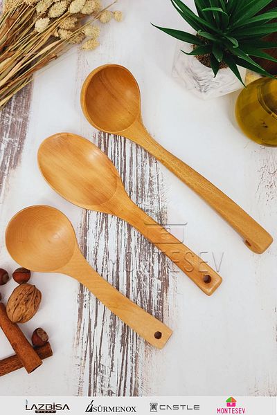 MONTESEV Wooden Wooden Kitchen Spoon Set 3 Pieces Beech, Boxwood and Bamboo Wood Spoons