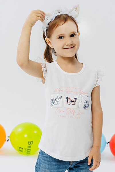 Breeze Girl's T-Shirt Sleeves Guipure Embroidered Butterfly Printed 1.5-5 Years, Ecru