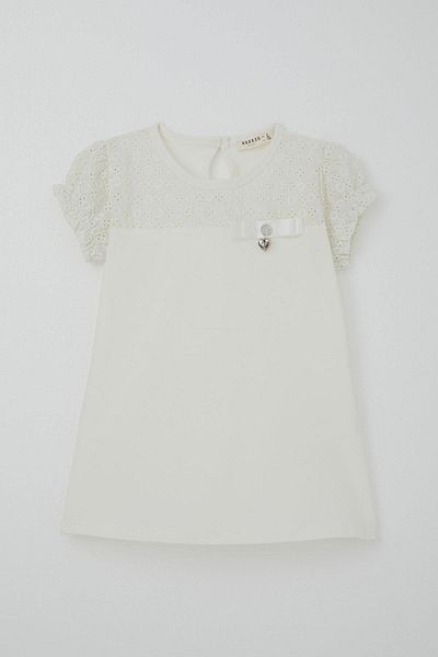 Breeze T-shirt για κορίτσια 5-10 ετών - Δαντέλα και ελαστικά μανίκια, φιόγκο, εκρού