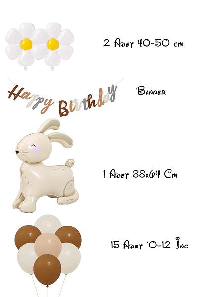 Patladı Gitti Daisy and Oversized 3D Beige Rabbit Design Retro Birthday Set
