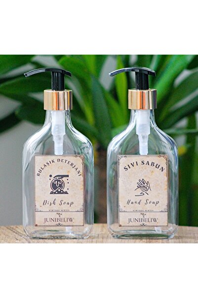 junibeliw 2li Set Vintage Gold Yassı Model CAM Boş Bulaşık Deterjanlık Sıvı S...