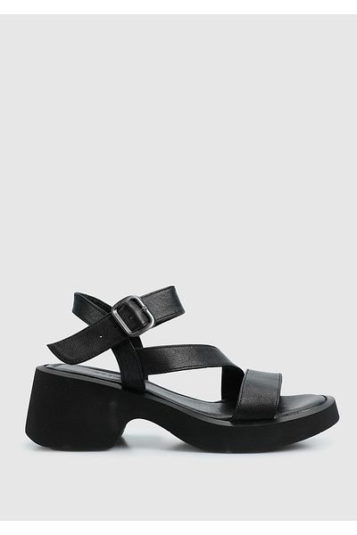 Provoq Black Leather Women's Heeled Sandals