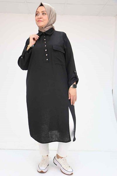 Eslina 58055 Large Size Half Placket Buttoned Linen Tunic - Black