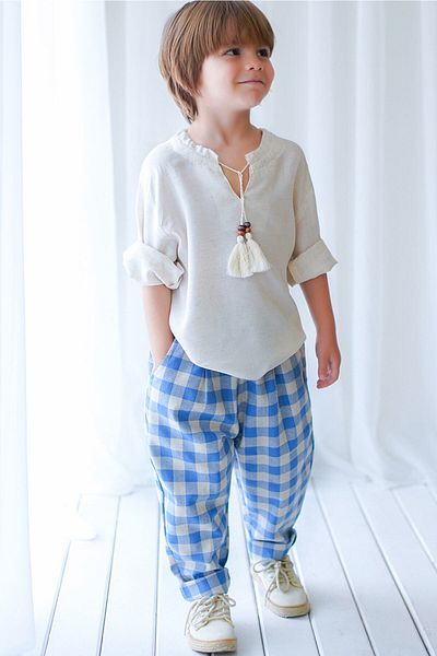 Catz Kids Carrot Trousers Blue Cream Plaid Linen + Cream Linen Stringed Shirt
