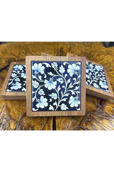Çini Evi Carnation Motif Wooden Coaster Set