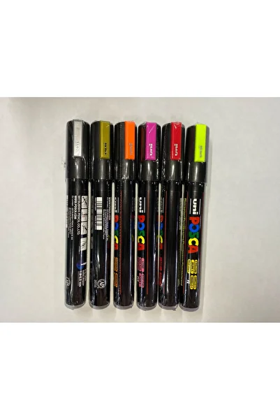 Uni Posca Pc-5M Set of 6 Colors - Gold & Silver + Fluorescent Neon Colors