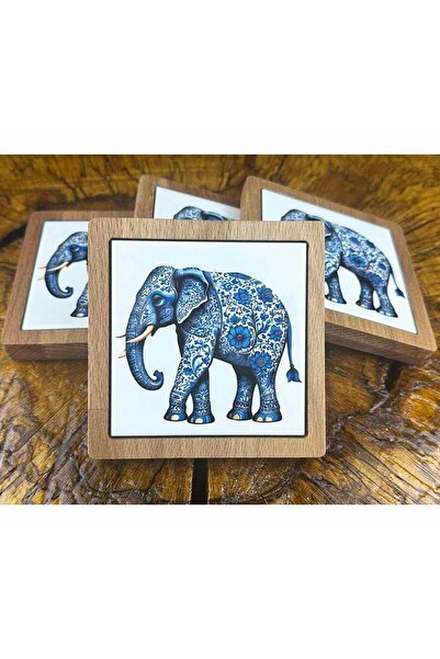 Çini Evi Elephant Motif Wooden Coaster Set