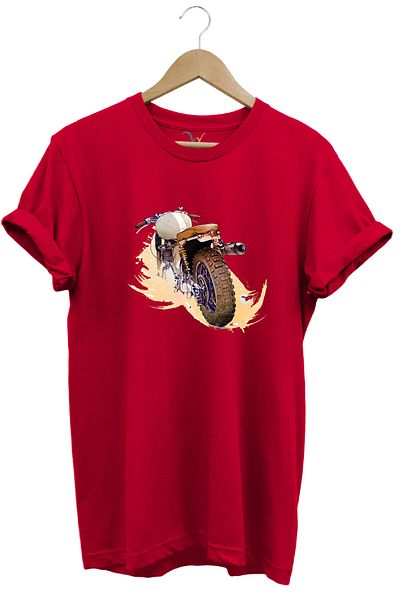 WİDİ Classic Motorcycle Printed Vintage Old Motor 100% Cotton Regular Fit Crew Neck Red T-Shirt
