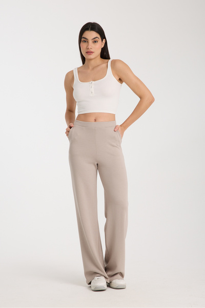 MRS.MODA Kadın Taş Renkli Pamuklu Cepli Geniş Paça Eşofman Altı