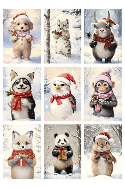 Anime Marketi Nostaljik Yılbaşı Hayvanlar Görselleri Nostaljik 9'lu Kartposta...