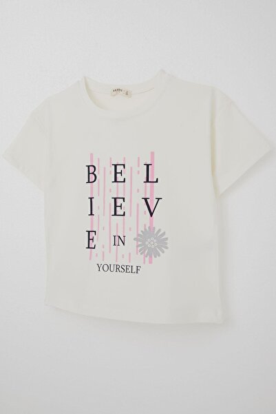 Breeze Girl's T-Shirt Crop Slogan Themed Floral Printed 9-14 Years, Ecru