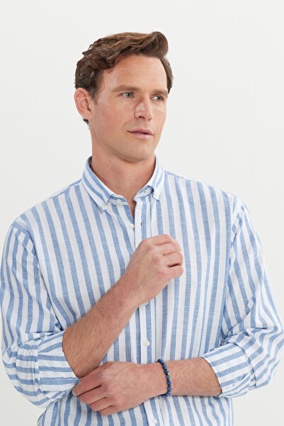 AC&Co / Altınyıldız Classics Ανδρικό μπλε-λευκό 100% βαμβακερό πουκάμισο με ριγέ γιακά με κουμπιά