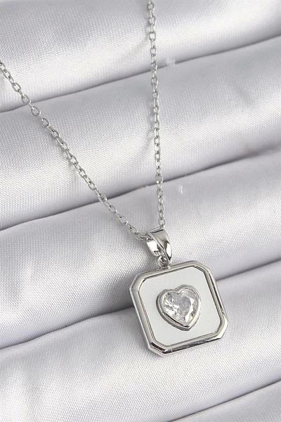 Store 316L Steel Silver Color Square Locket Heart Zircon Stone Processing Women's Necklace