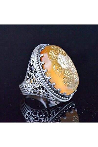 KAMBO Gerçek Doğal Akik, Şİslami Şeriat Yazılı Yüzük - 925 Ayar Gümüş El Yapımı Erkek Büyük Y