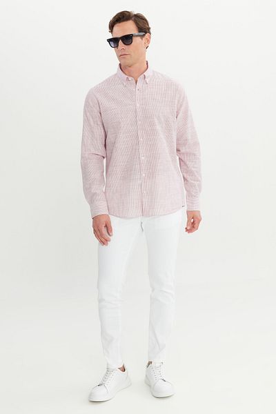 AC&Co / Altınyıldız Classics Ανδρικό μπορντό 100% βαμβακερό πουκάμισο με ριγέ γιακά με κουμπιά