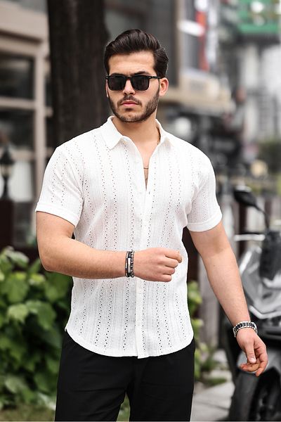 ZİNOX Men's Short Sleeve Cross Hole Special Design Knitted Regular Fit Shirt