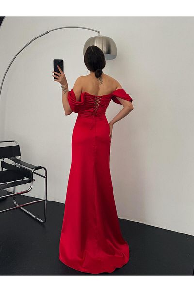 Serica Moda Red Gathered Low Sleeve Satin Evening Dress