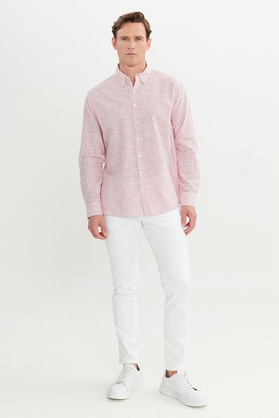 AC&Co / Altınyıldız Classics Men's Red 100% Cotton Comfort Fit Relaxed Cut Button Collar Striped Shirt