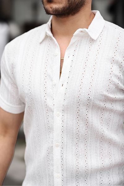 ZİNOX Men's Short Sleeve Cross Hole Special Design Knitted Regular Fit Shirt