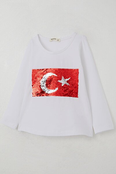 Breeze Κοριτσίστικο μακρυμάνικο μπλουζάκι με παγιέτες μισοφέγγαρο και αστέρι 4-14 ετών, λευκό