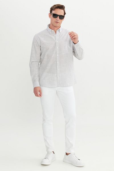 AC&Co / Altınyıldız Classics Ανδρικό γκρι 100% βαμβακερό πουκάμισο με ριγέ γιακά με κουμπιά