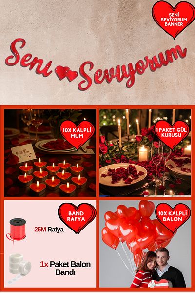 Baloncu Dede I Love You Banner Heart Balloon Rose and Heart Candle Valentine's Day Special Day Anniversary