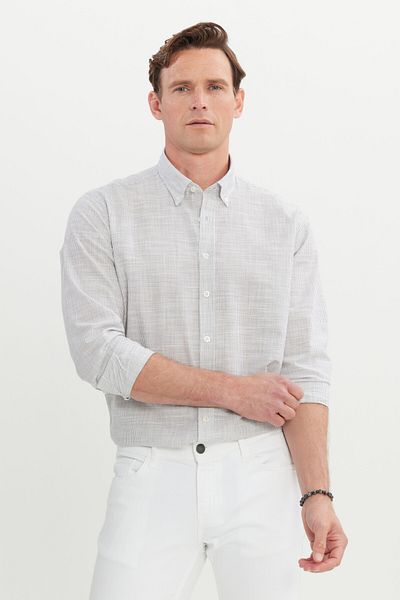 AC&Co / Altınyıldız Classics Ανδρικό γκρι 100% βαμβακερό πουκάμισο με ριγέ γιακά με κουμπιά