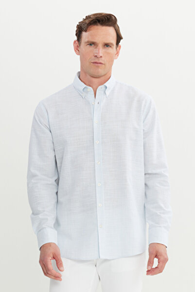 AC&Co / Altınyıldız Classics Men's Light Blue 100% Cotton Comfort Fit Relaxed Cut Button Collar Striped Shirt