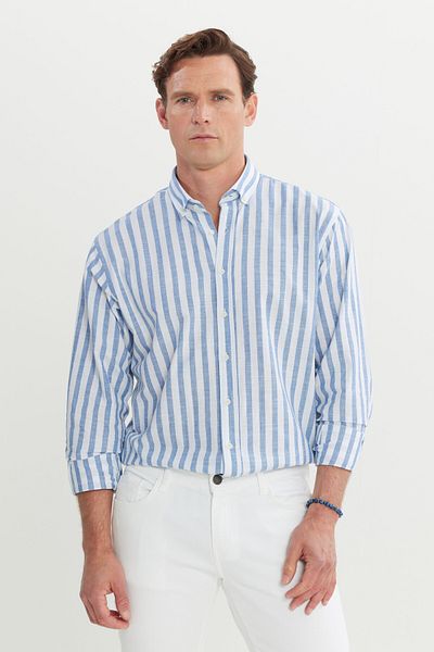 AC&Co / Altınyıldız Classics Cămașă cu dungi pentru bărbați, albastru-alb, 100% bumbac, cu croială relaxată, cu guler cu nasturi