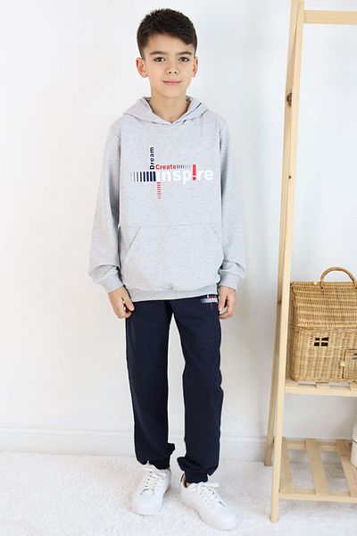Breeze 6-12 Years Old Boys' Tracksuit Set - Kangaroo Pocket, Text Printed, Light Gray Melange