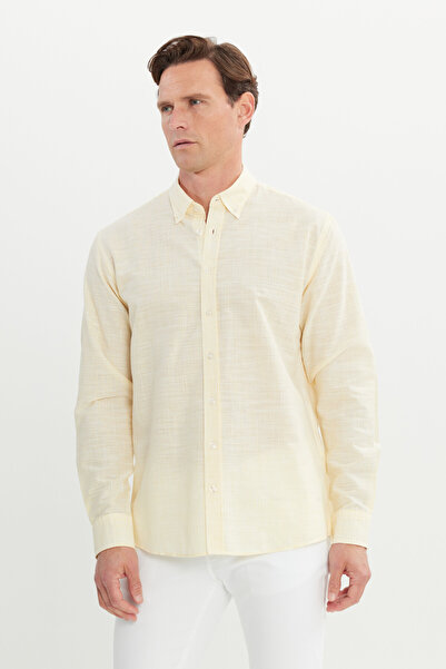 AC&Co / Altınyıldız Classics Men's Yellow 100% Cotton Comfort Fit Relaxed Cut Button Collar Striped Shirt