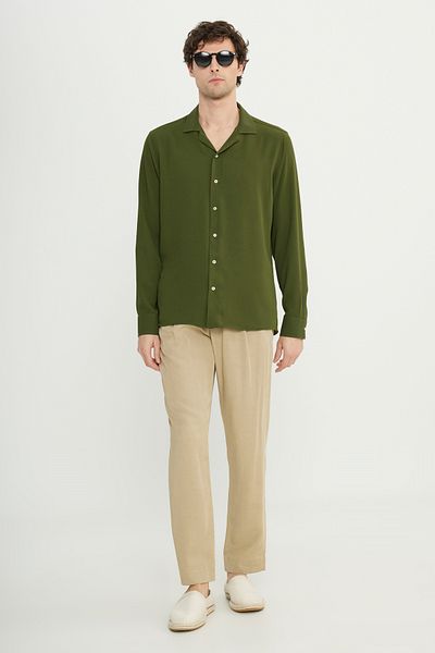 AC&Co / Altınyıldız Classics Ανδρικό πουκάμισο Χακί Comfort Fit Relaxed Cut Χαβάης γιακά ζακάρ