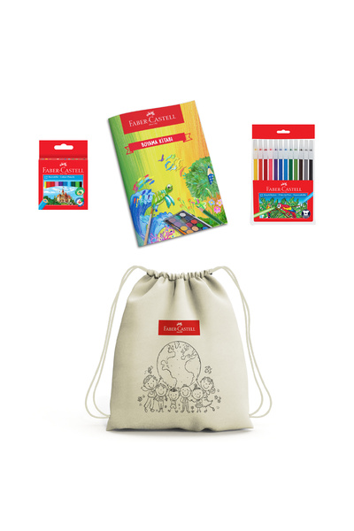 Faber Castell Yılbaşı Hediye Çantası,Boyanabilir Büzgülü Bez Çanta, Boyama Seti