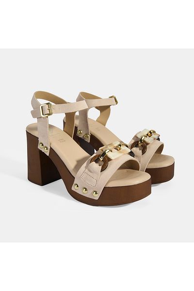 Desa Sandale cu toc din piele intoarsa cu catarama reglabila cu detaliu accesorii bej pentru dama