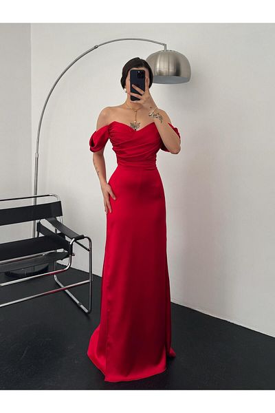 Serica Moda Red Gathered Low Sleeve Satin Evening Dress