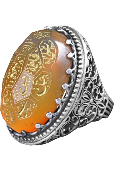 KAMBO Gerçek Doğal Akik, Şİslami Şeriat Yazılı Yüzük - 925 Ayar Gümüş El Yapımı Erkek Büyük Y
