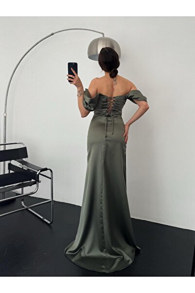 Serica Moda Βραδινό φόρεμα με χακί με κορδόνι με χαμηλό μανίκι