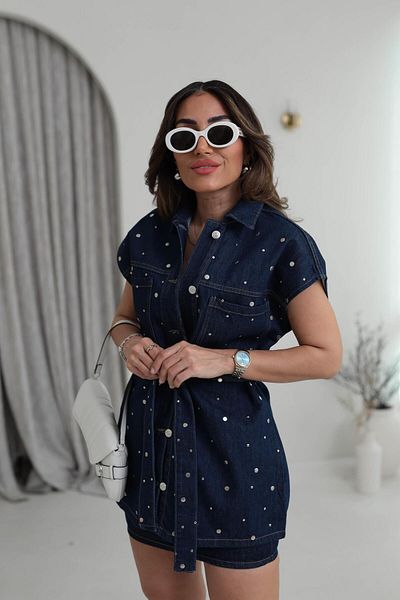 QİMYA BUTİK Levure Women's Studded Detailed Belted Oversize Jeans Vest